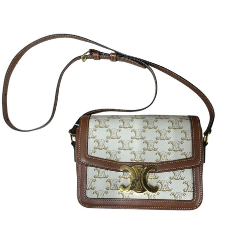 CELINE Triomphe Canvas Teen Triomphe Shoulder Bag White Tan Gold Hardware CE258