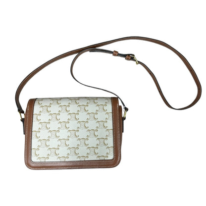 CELINE Triomphe Canvas Teen Triomphe Shoulder Bag White Tan Gold Hardware CE258