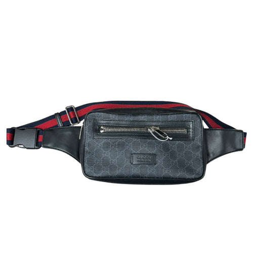 GUCCI GG Supreme Belt Bag Waist Bag Black Web Strap Silver Hardware GU597