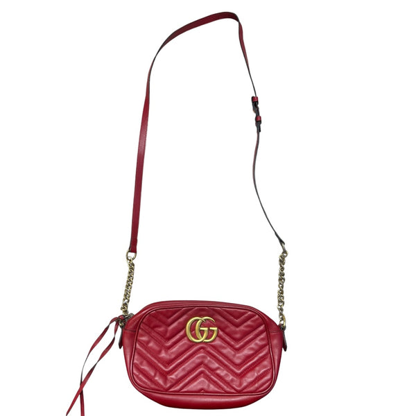 GUCCI Matelasse Leather GG Marmont Small Camera Crossbody Bag Red Gold Hardware GU560