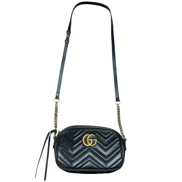 GUCCI Matelasse Leather GG Marmont Small Camera Crossbody Bag Black Gold Hardware GU507