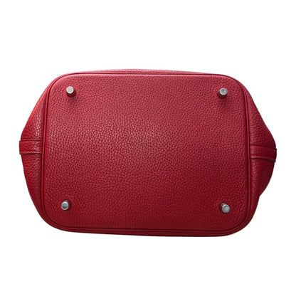 HERMES Clemence Leather Picotin Lock MM Handbag Red Palladium Hardware HE323