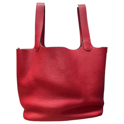 HERMES Clemence Leather Picotin Lock MM Handbag Red Palladium Hardware HE323