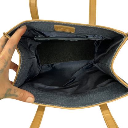 Christian Dior Denim Tote Handbag Blue Tan Leather Trim CH1848
