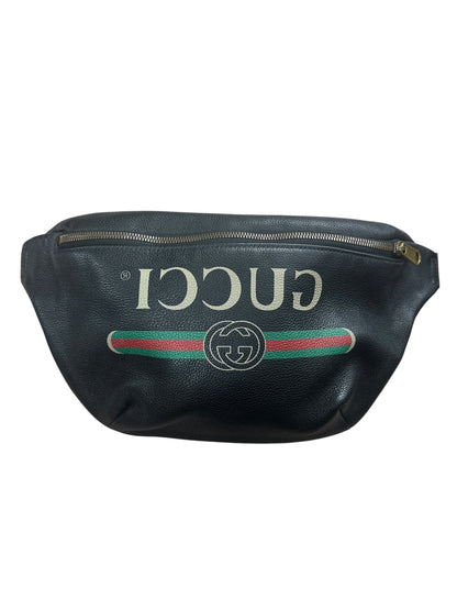 GUCCI Leather Print Belt Bag Black Gold Hardware GU605