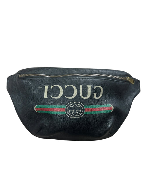 GUCCI Leather Print Belt Bag Black Gold Hardware GU605