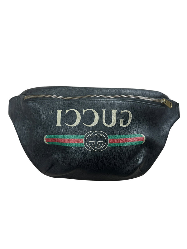 GUCCI Leather Print Belt Bag Black Gold Hardware GU605