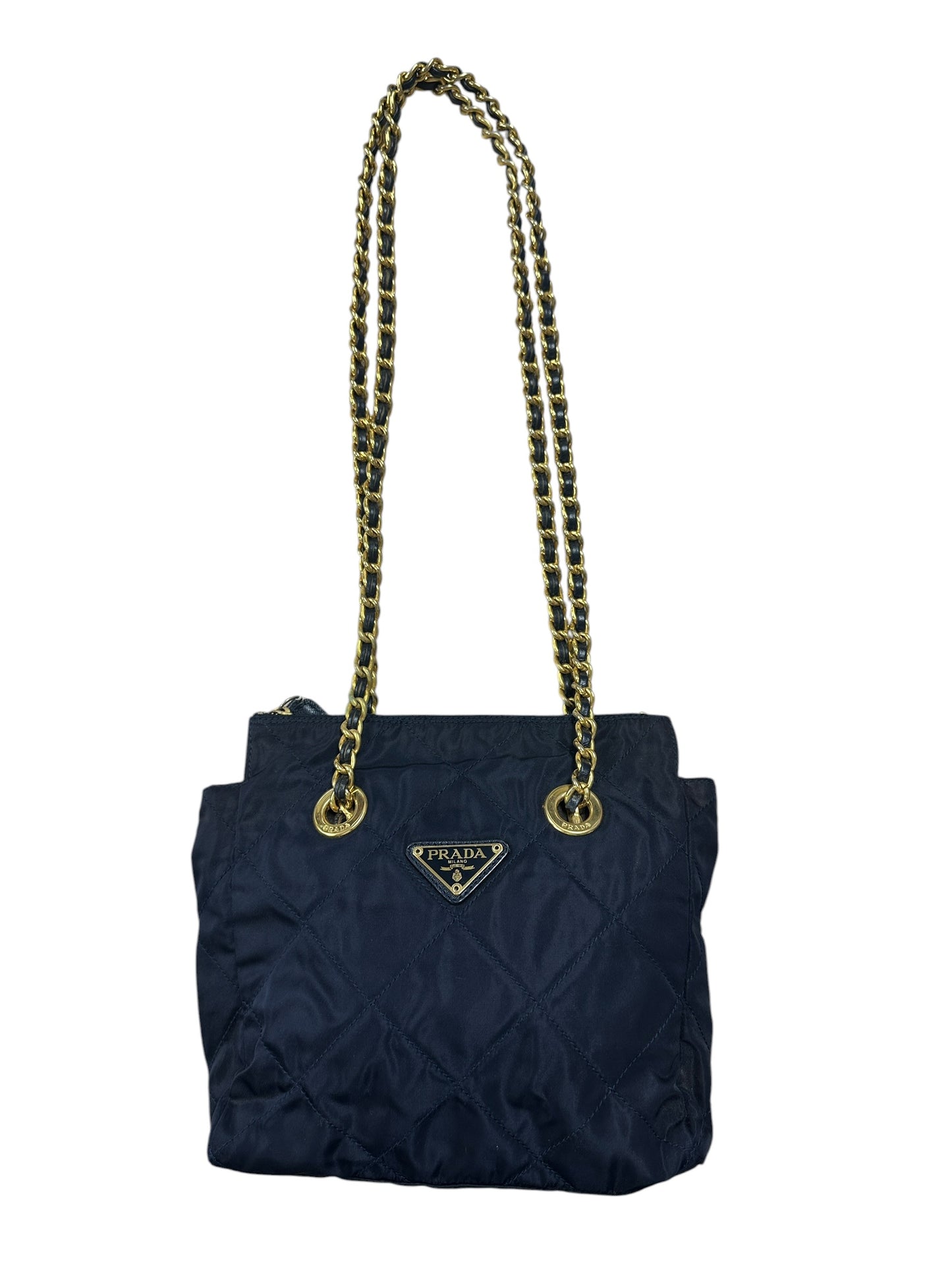 PRADA Tessuto Quilted Chain Shoulder Bag Black Gold Hardware PR201