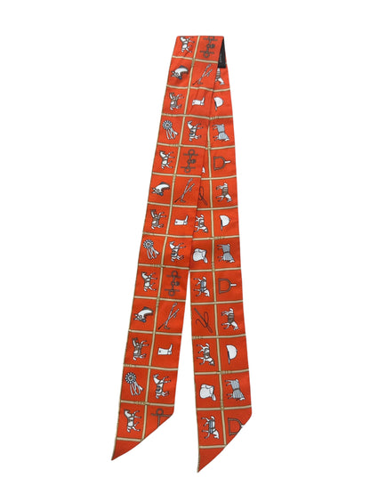 HERMES Silk Twilly Scarf Orange Equestrian Print HE453