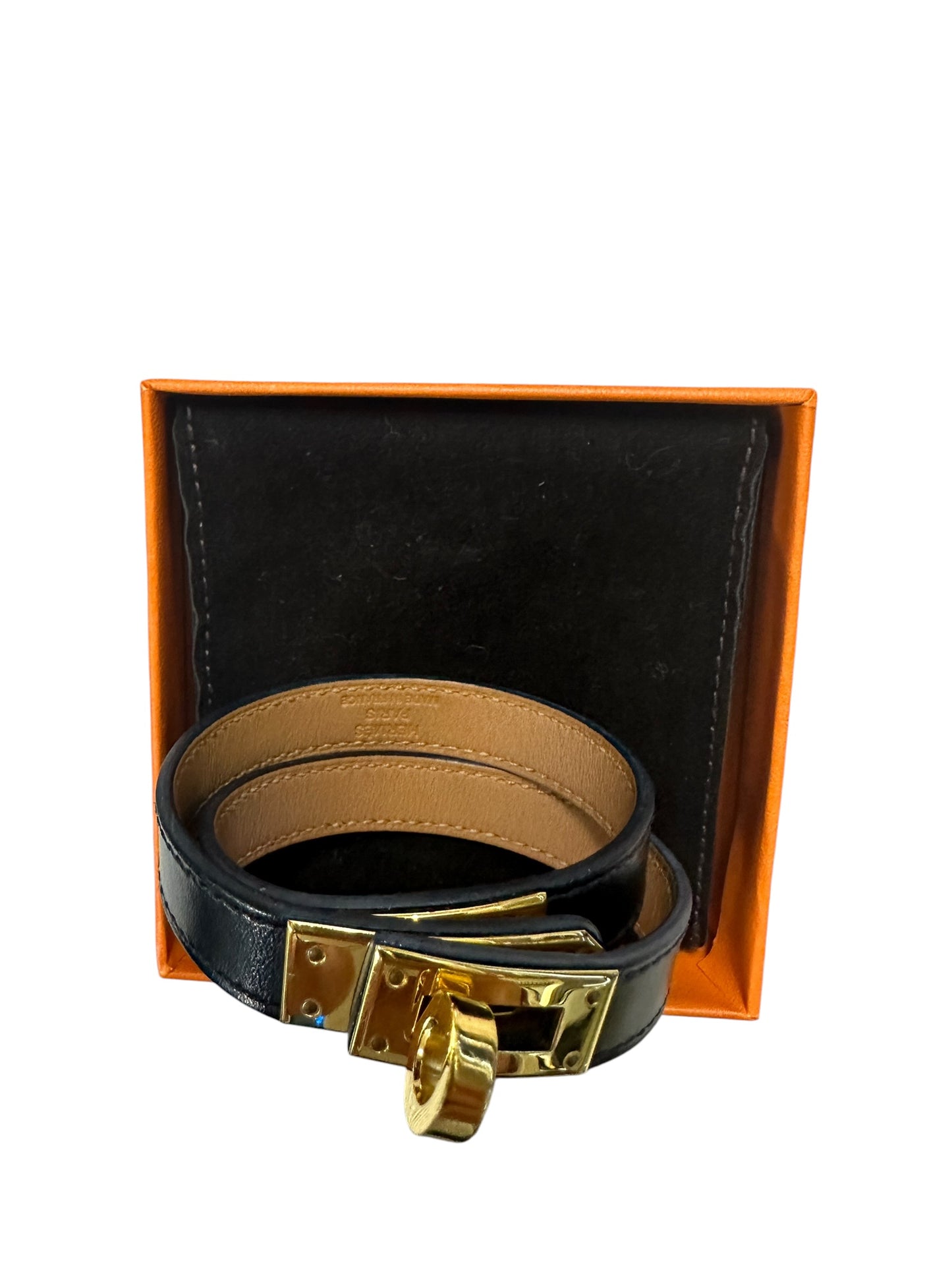 HERMES Leather Kelly Double Tour Bracelet 17cm Black Gold Hardware HE454