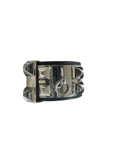 HERMES Leather Collier de Chien CDC Bangle 17cm Black Silver Hardware HE455