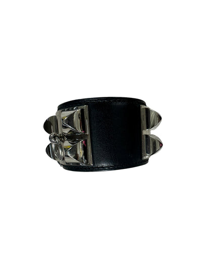 HERMES Leather Collier de Chien CDC Bangle 17cm Black Silver Hardware HE455