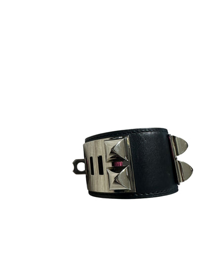 HERMES Leather Collier de Chien CDC Bangle 17cm Black Silver Hardware HE455