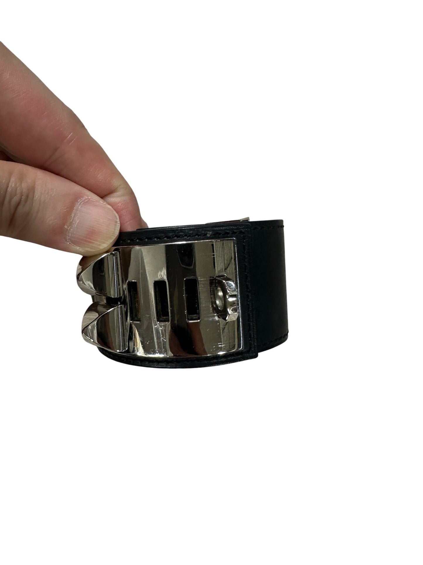 HERMES Leather Collier de Chien CDC Bangle 17cm Black Silver Hardware HE455