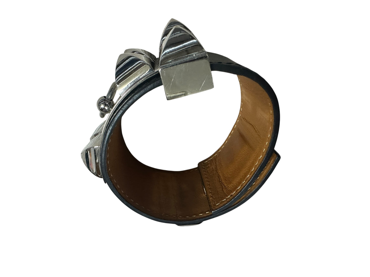 HERMES Leather Collier de Chien CDC Bangle 17cm Black Silver Hardware HE455
