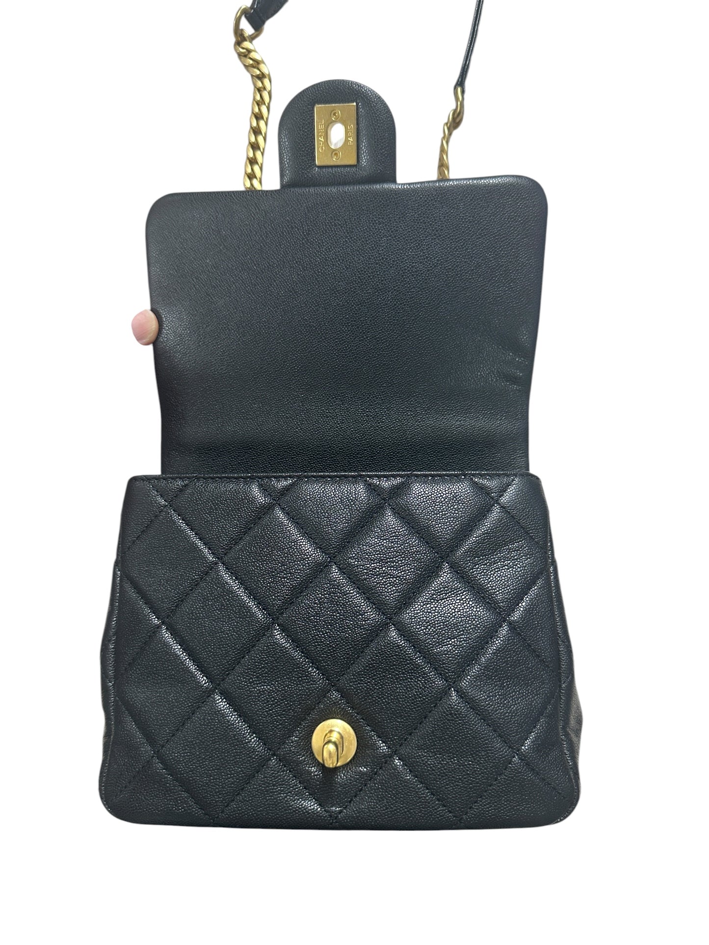 CHANEL Caviar Matelasse 20 Top Handle Bag Black Gold Hardware CH2150