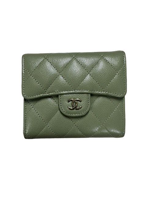 CHANEL Caviar Classic Compact Trifold Wallet Khaki Gold Hardware CH2154