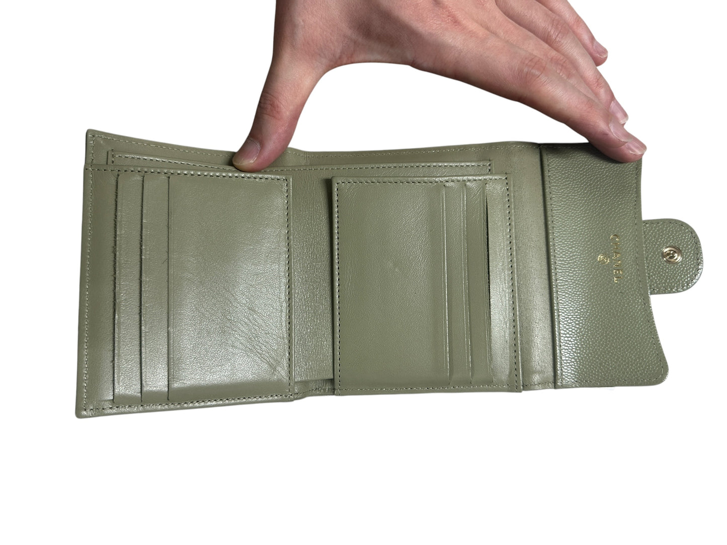 CHANEL Caviar Classic Compact Trifold Wallet Khaki Gold Hardware CH2154