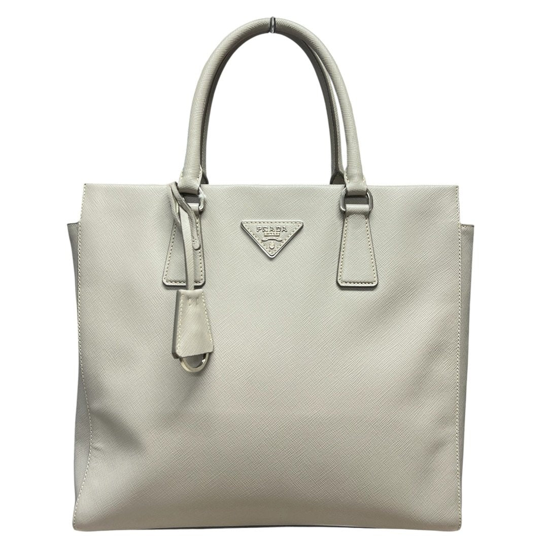 PRADA Saffiano Saffiano Leather Vertical Tote Tote Light Grey Silver Hardware PR202