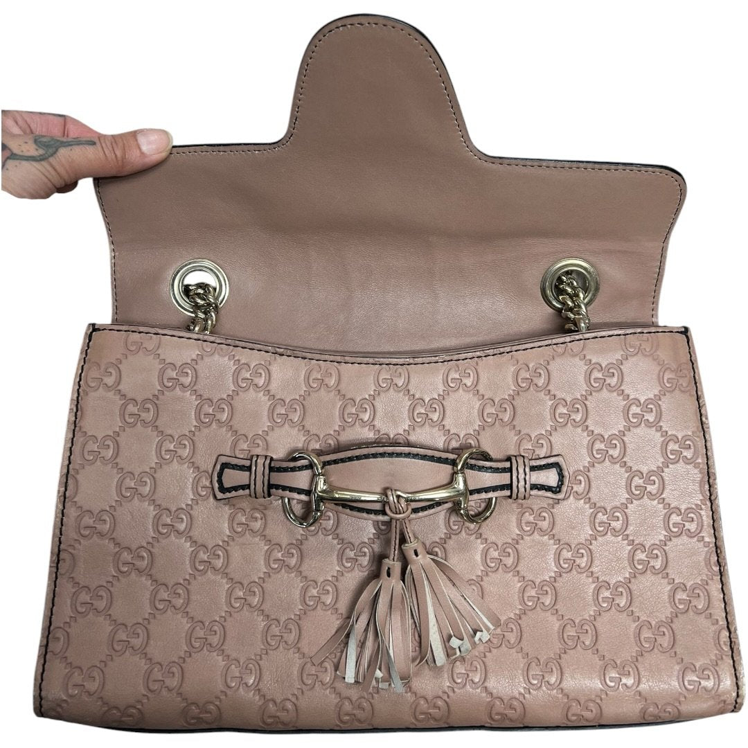 GUCCI Guccissima Leather Horsebit Flap Shoulder Bag Pink Gold Hardware GU615