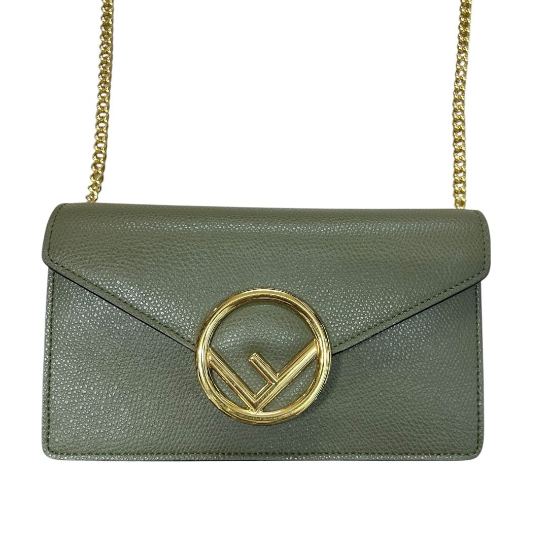 FENDI Grained Leather Continental Wallet On Chain Wallet on Chain / Belt Bag Green Gold Hardware FE381