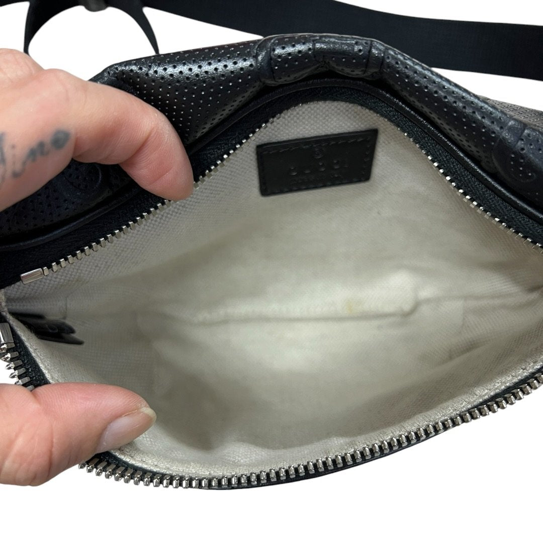 GUCCI GG Embossed Leather GG Embossed Perforated Leather Belt Bag Belt Bag Black Silver Hardware Gu621