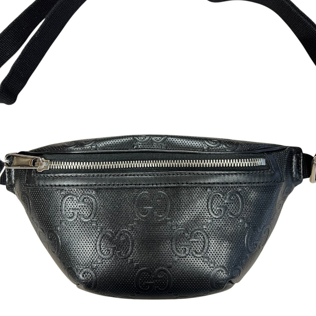GUCCI GG Embossed Leather GG Embossed Perforated Leather Belt Bag Belt Bag Black Silver Hardware Gu621