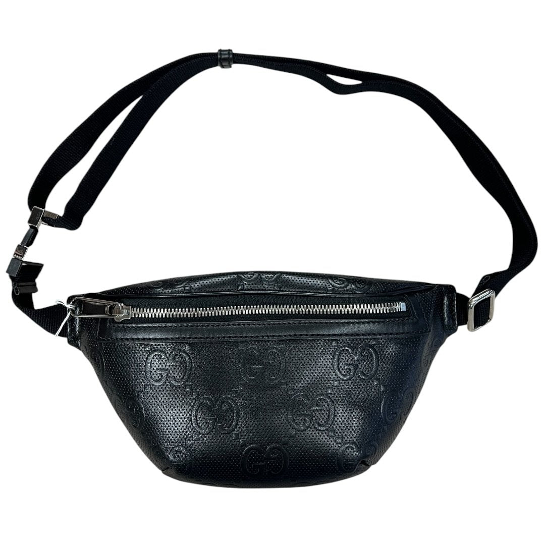 GUCCI GG Embossed Leather GG Embossed Perforated Leather Belt Bag Belt Bag Black Silver Hardware Gu621