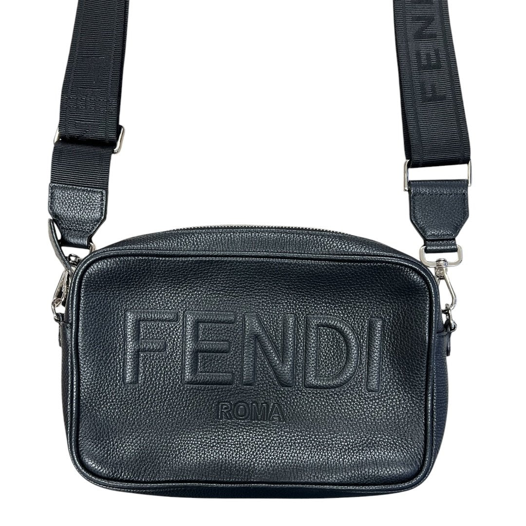 FENDI Leather Fendi Roma Camera Bag Crossbody Bag Black Silver Hardware FE382