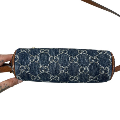 GUCCI Denim, Grained Leather Ophidia GG Small Shoulder Bag Blue, Brown Gold Hardware Gu620