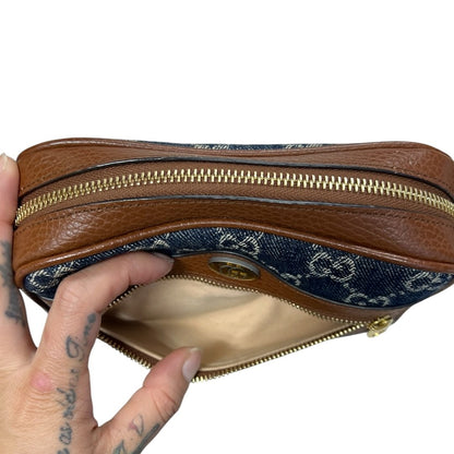 GUCCI Denim, Grained Leather Ophidia GG Small Shoulder Bag Blue, Brown Gold Hardware Gu620