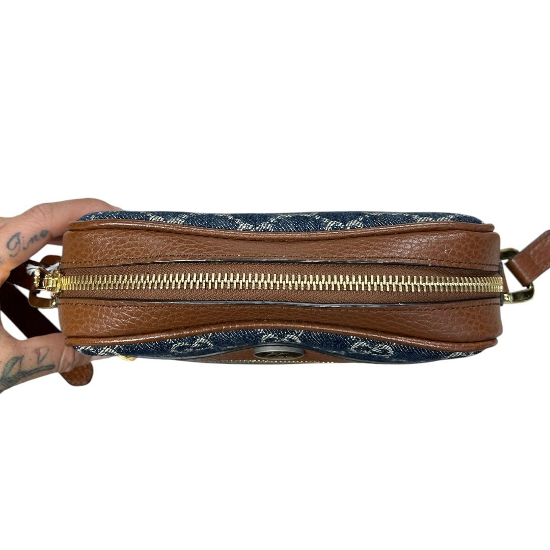 GUCCI Denim, Grained Leather Ophidia GG Small Shoulder Bag Blue, Brown Gold Hardware Gu620