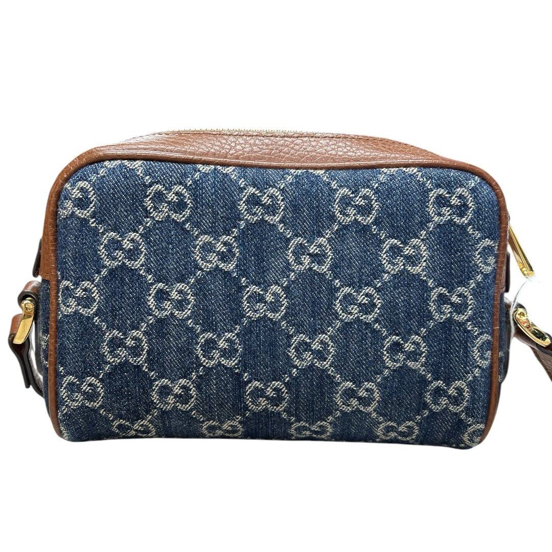 GUCCI Denim, Grained Leather Ophidia GG Small Shoulder Bag Blue, Brown Gold Hardware Gu620