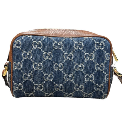 GUCCI Denim, Grained Leather Ophidia GG Small Shoulder Bag Blue, Brown Gold Hardware Gu620
