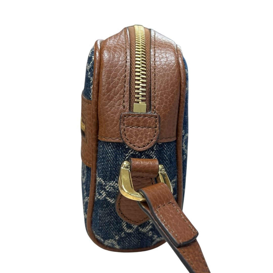 GUCCI Denim, Grained Leather Ophidia GG Small Shoulder Bag Blue, Brown Gold Hardware Gu620