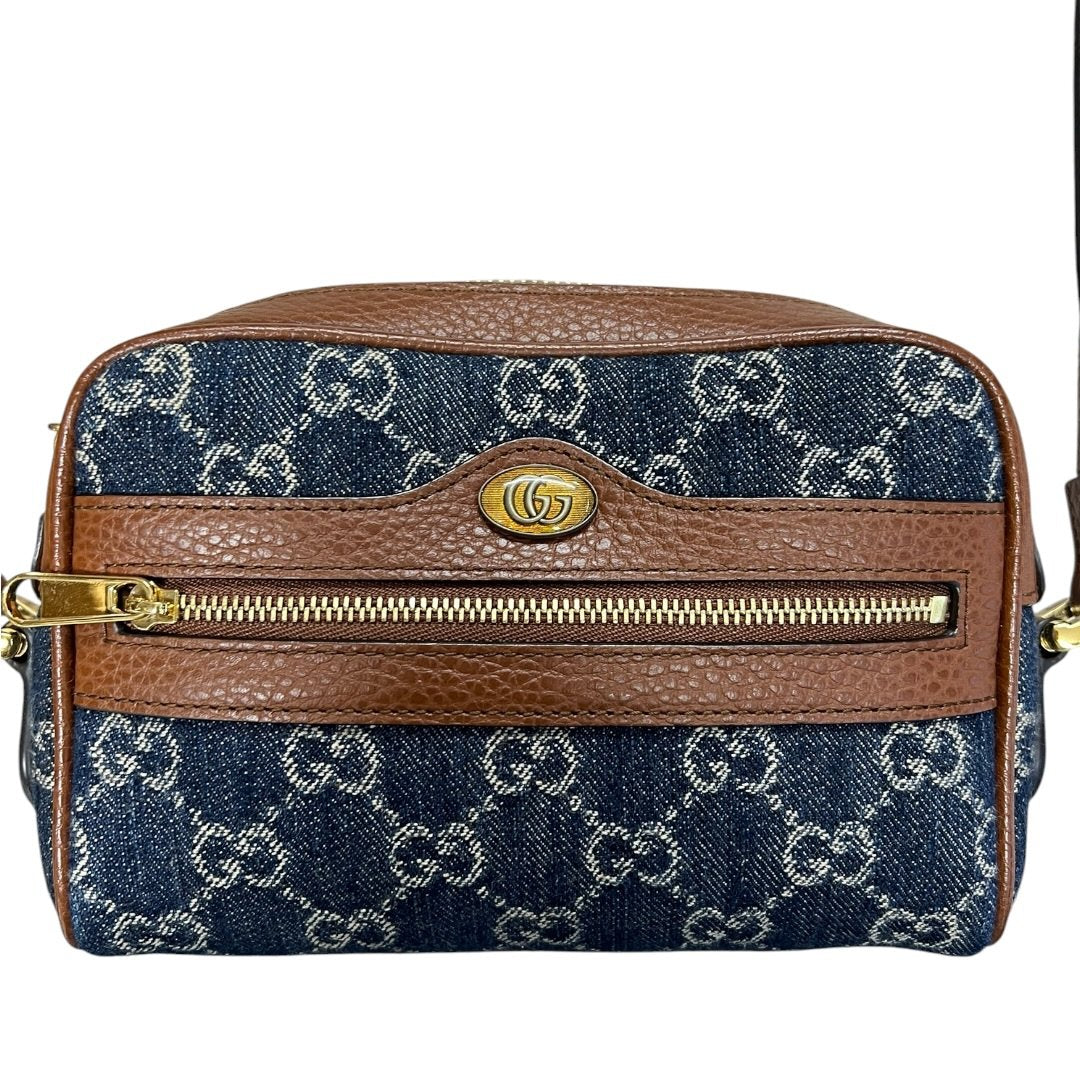 GUCCI Denim, Grained Leather Ophidia GG Small Shoulder Bag Blue, Brown Gold Hardware Gu620
