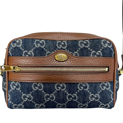 GUCCI Denim, Grained Leather Ophidia GG Small Shoulder Bag Blue, Brown Gold Hardware Gu620