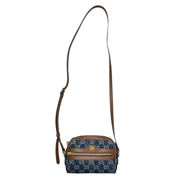 GUCCI Denim, Grained Leather Ophidia GG Small Shoulder Bag Blue, Brown Gold Hardware Gu620