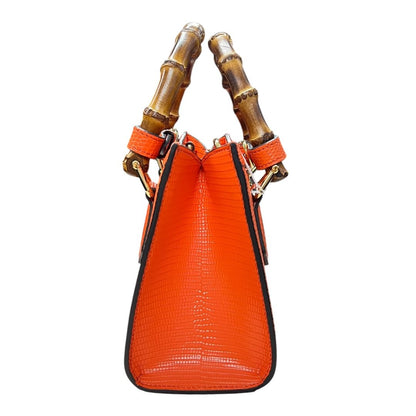 GUCCI Lizard-effect Leather Diana Mini Tote Bag Handbag Orange Gold Hardware GU629