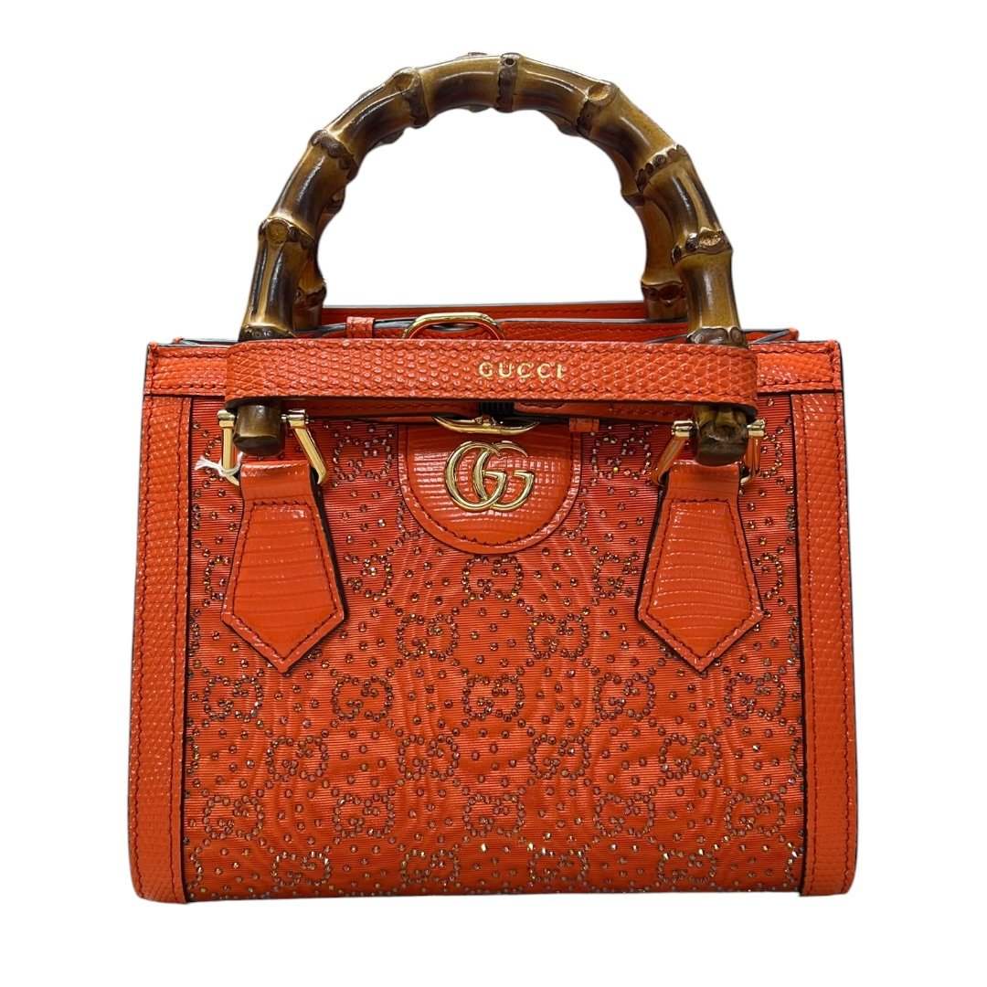 GUCCI Lizard-effect Leather Diana Mini Tote Bag Handbag Orange Gold Hardware GU629