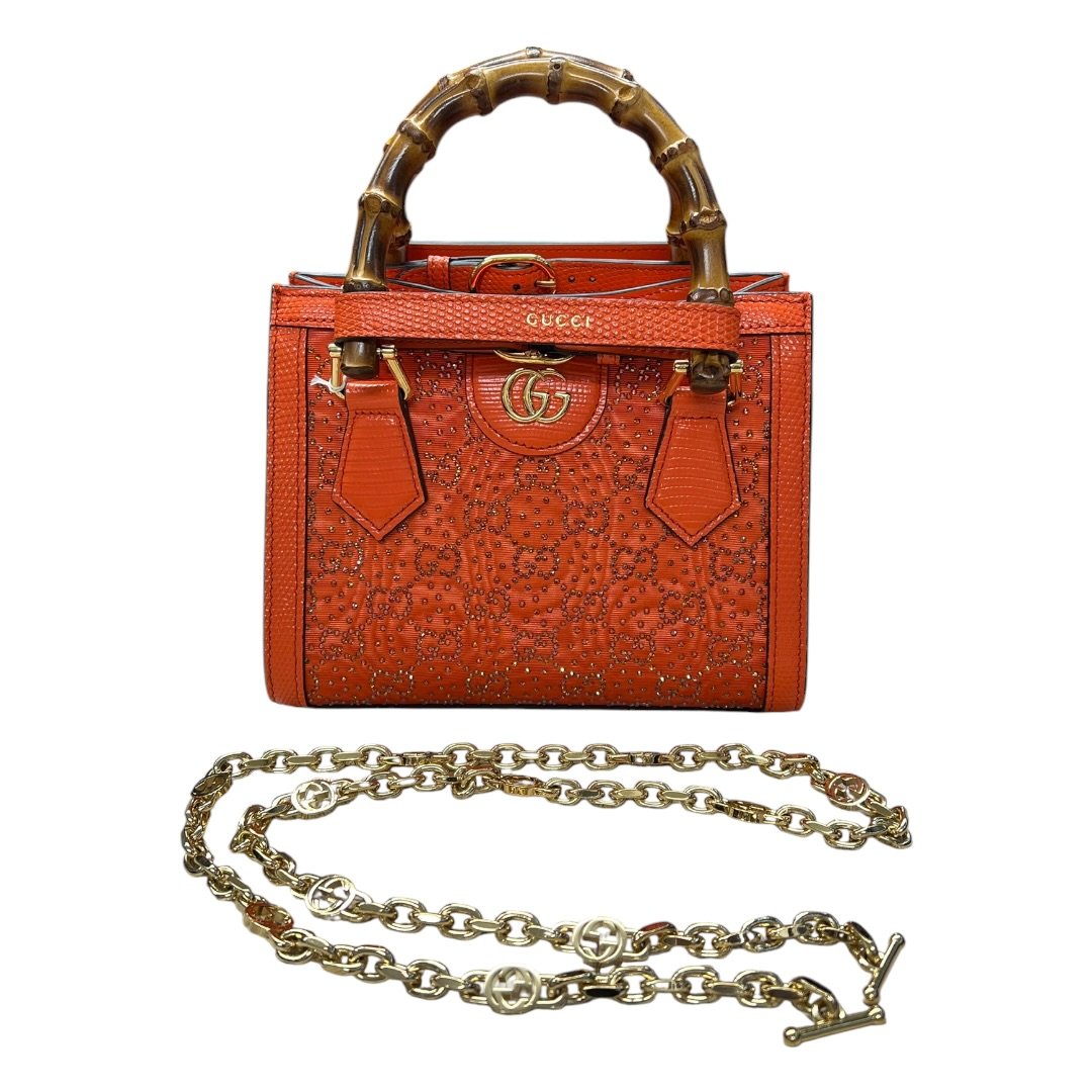 GUCCI Lizard-effect Leather Diana Mini Tote Bag Handbag Orange Gold Hardware GU629