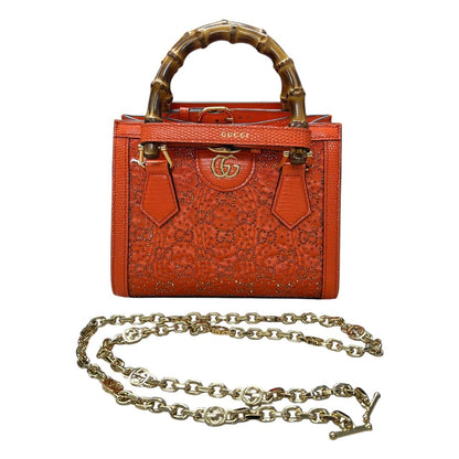 GUCCI Lizard-effect Leather Diana Mini Tote Bag Handbag Orange Gold Hardware GU629