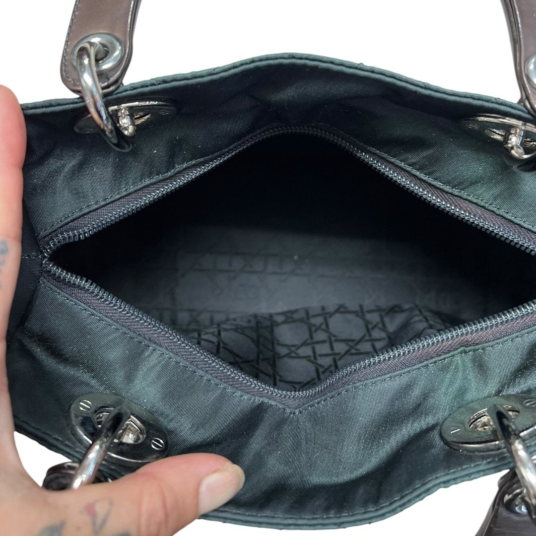 CHRISTIAN DIOR Nylon Lady Dior Handbag Dark Green with Metallic Brown handles Silver Hardware Ch2159