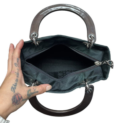 CHRISTIAN DIOR Nylon Lady Dior Handbag Dark Green with Metallic Brown handles Silver Hardware Ch2159
