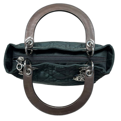 CHRISTIAN DIOR Nylon Lady Dior Handbag Dark Green with Metallic Brown handles Silver Hardware Ch2159