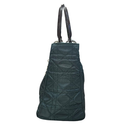 CHRISTIAN DIOR Nylon Lady Dior Handbag Dark Green with Metallic Brown handles Silver Hardware Ch2159