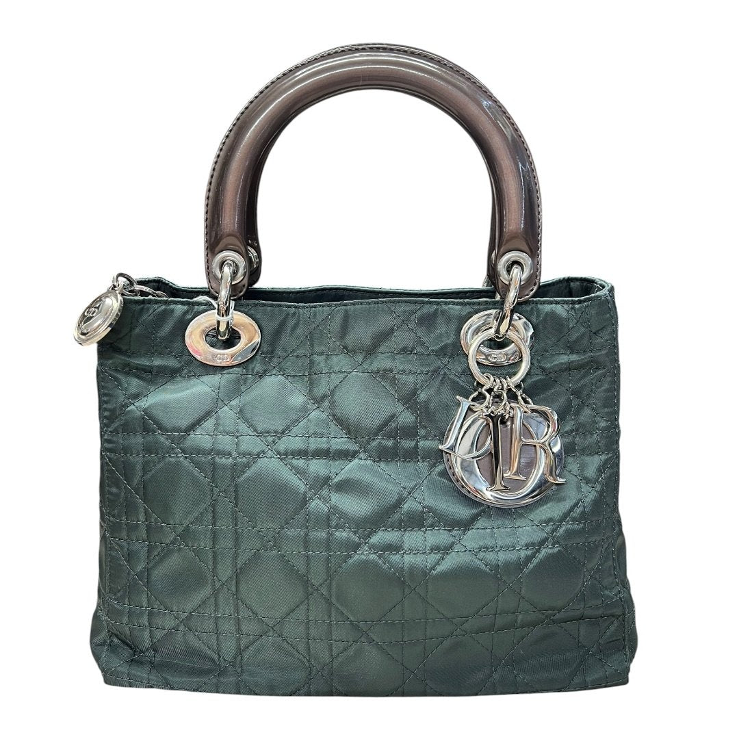 CHRISTIAN DIOR Nylon Lady Dior Handbag Dark Green with Metallic Brown handles Silver Hardware Ch2159