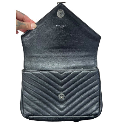 SAINT LAURENT Quilted Leather College Monogram Bag Shoulder Bag Black Silver Hardware YV157