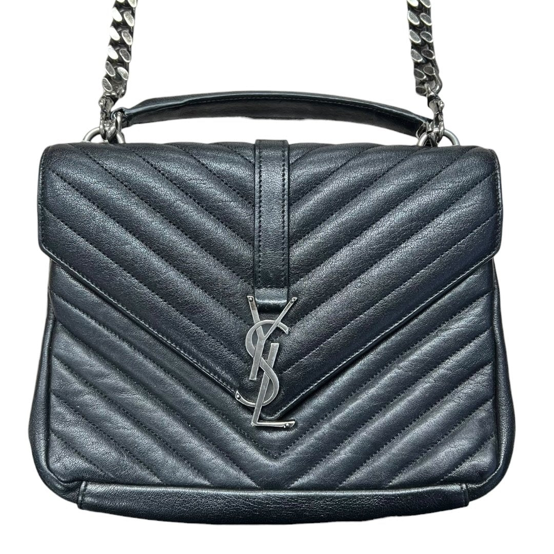 SAINT LAURENT Quilted Leather College Monogram Bag Shoulder Bag Black Silver Hardware YV157