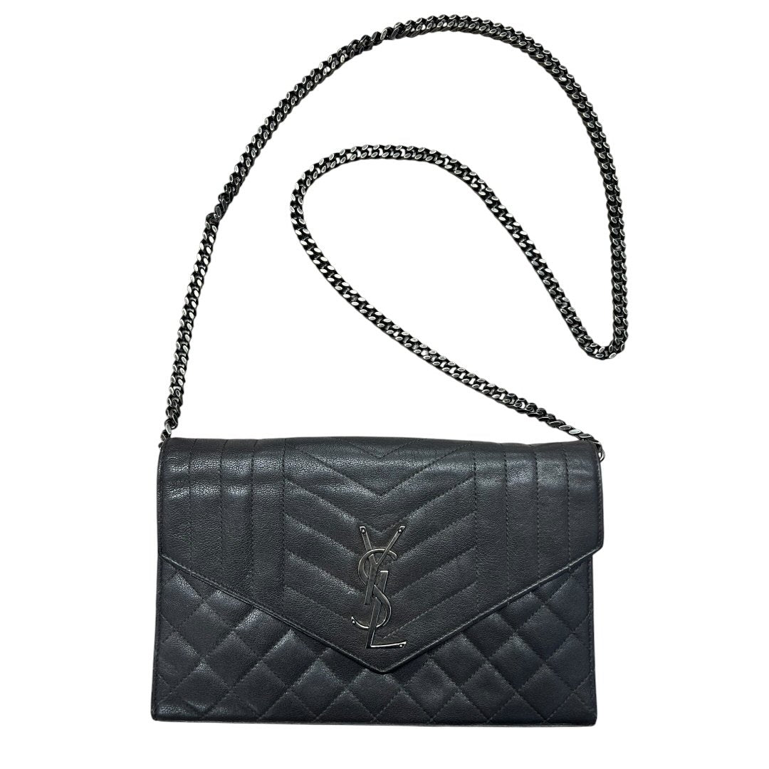SAINT LAURENT Quilted Grain Leather Monogram Envelope Wallet on Chain Black Silver Hardware YV156